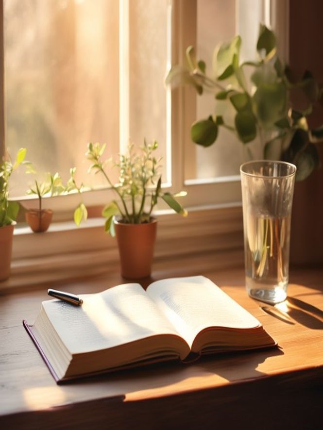 Persoonlijke notitieboek met pen, glas water, plantje op houten tafel bij raam